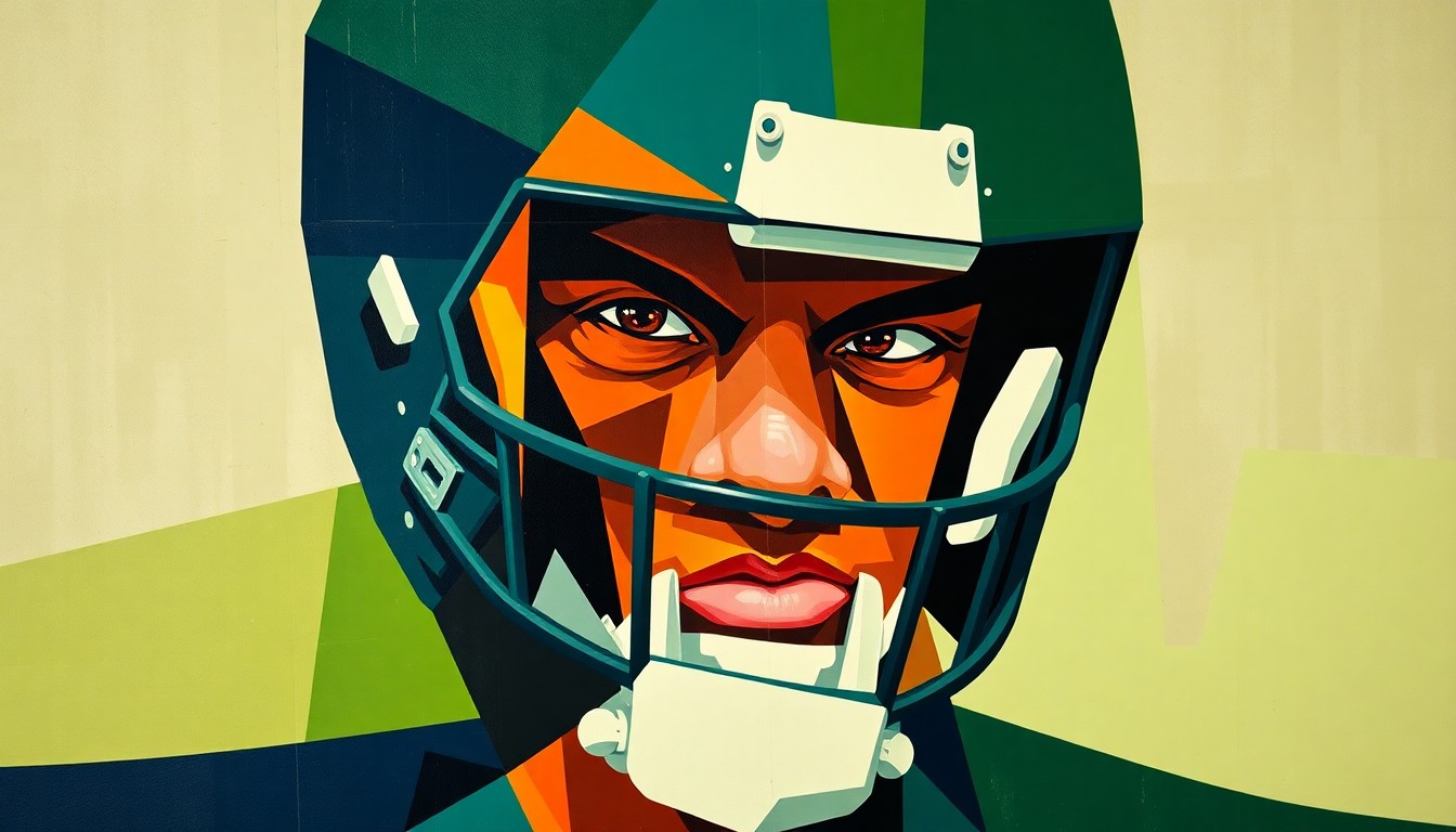 A fragmented, cubist-style painting depicting the angular, geometric forms of a football linebacker in motion, rendered in shades of green, blue, and orange.