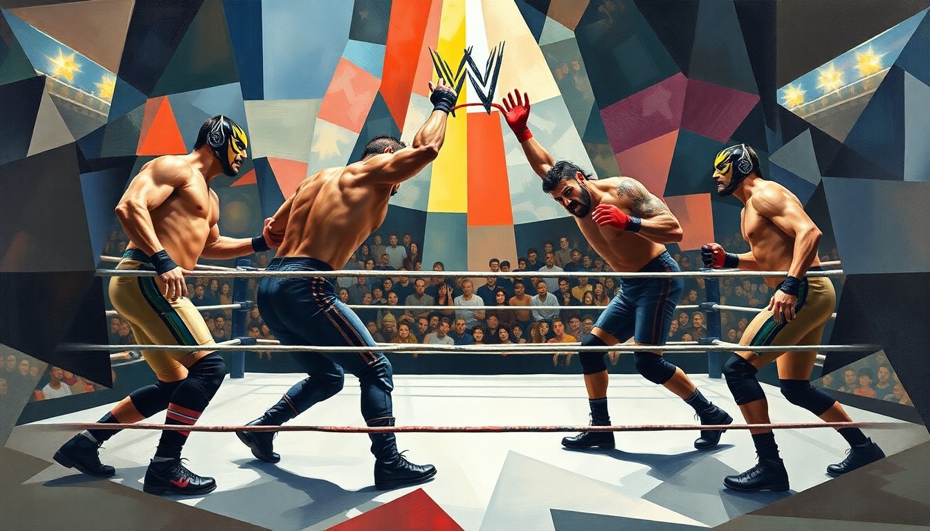 A cubist, geometric painting depicting a WWE wrestling match, with the wrestlers' bodies and the ring environment broken down into abstract shapes and planes of color.