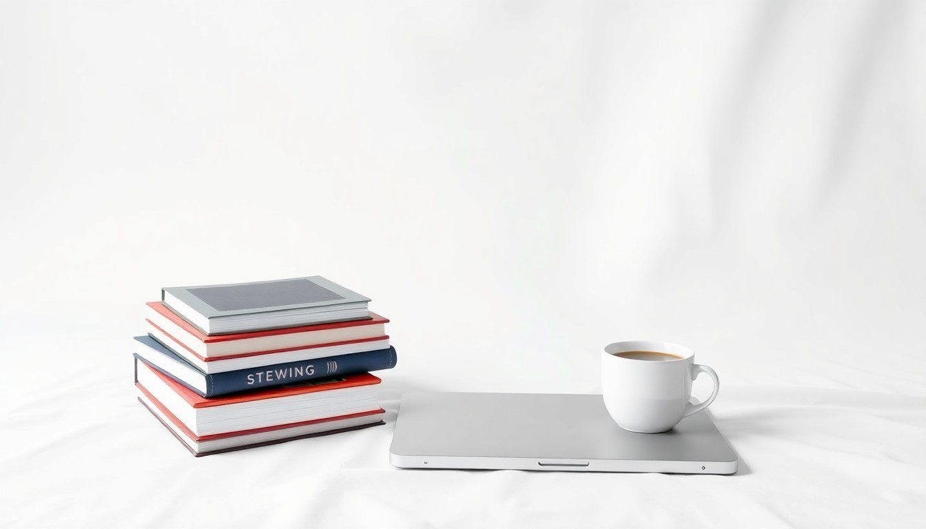 A minimalist studio still life featuring a stack of business books, a laptop, and a cup of coffee arranged on a clean white background, conveying the conceptual essence of startup advice and entrepreneurial resources.