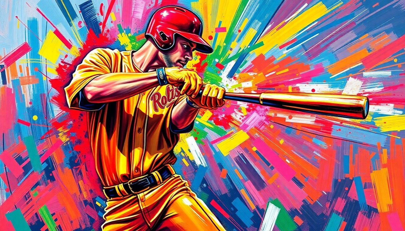 An extreme close-up of a baseball player's torso and arms in mid-swing, with vibrant neon-colored brushstrokes capturing the raw energy and motion of the moment.