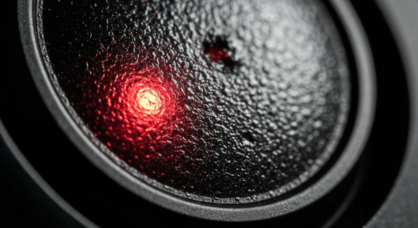 An extreme close-up of a shattered car sensor lens reflecting a faint red light, conceptually illustrating the vandalism of self-driving cars.