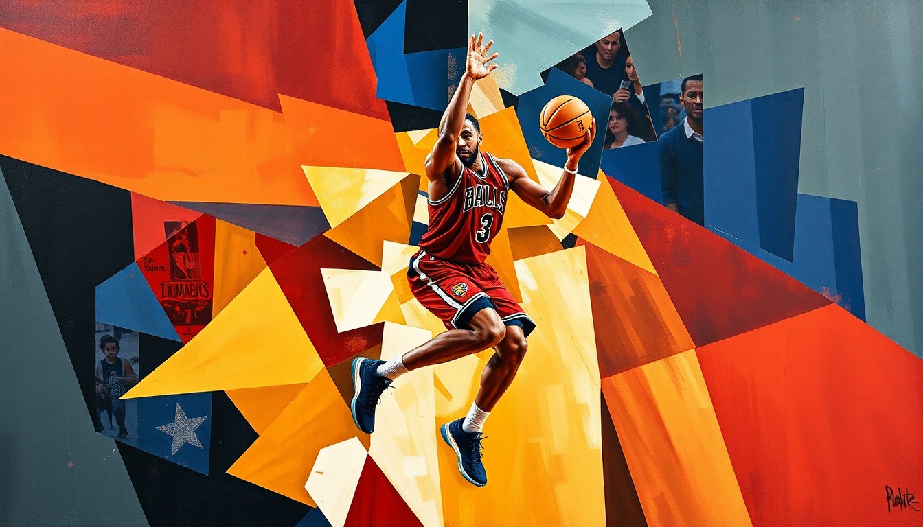 A cubist-style painting depicting Anthony Davis's basketball skills, with his movements and actions broken down into sharp, geometric shapes and planes in a vibrant, multi-perspective composition.