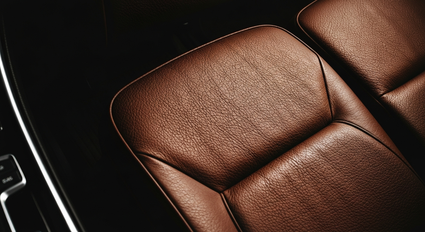 An extreme close-up of the textured leather interior of a BMW 520i, with the rich, earthy tones and dramatic lighting conveying a sense of refined sophistication.
