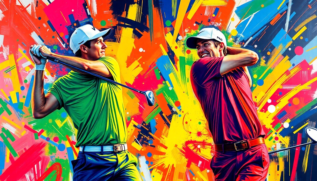 An abstract, energetic painting featuring bold brushstrokes in neon shades of green, blue, and orange, capturing the dramatic tension and excitement of the final playoff hole between the two golfers.