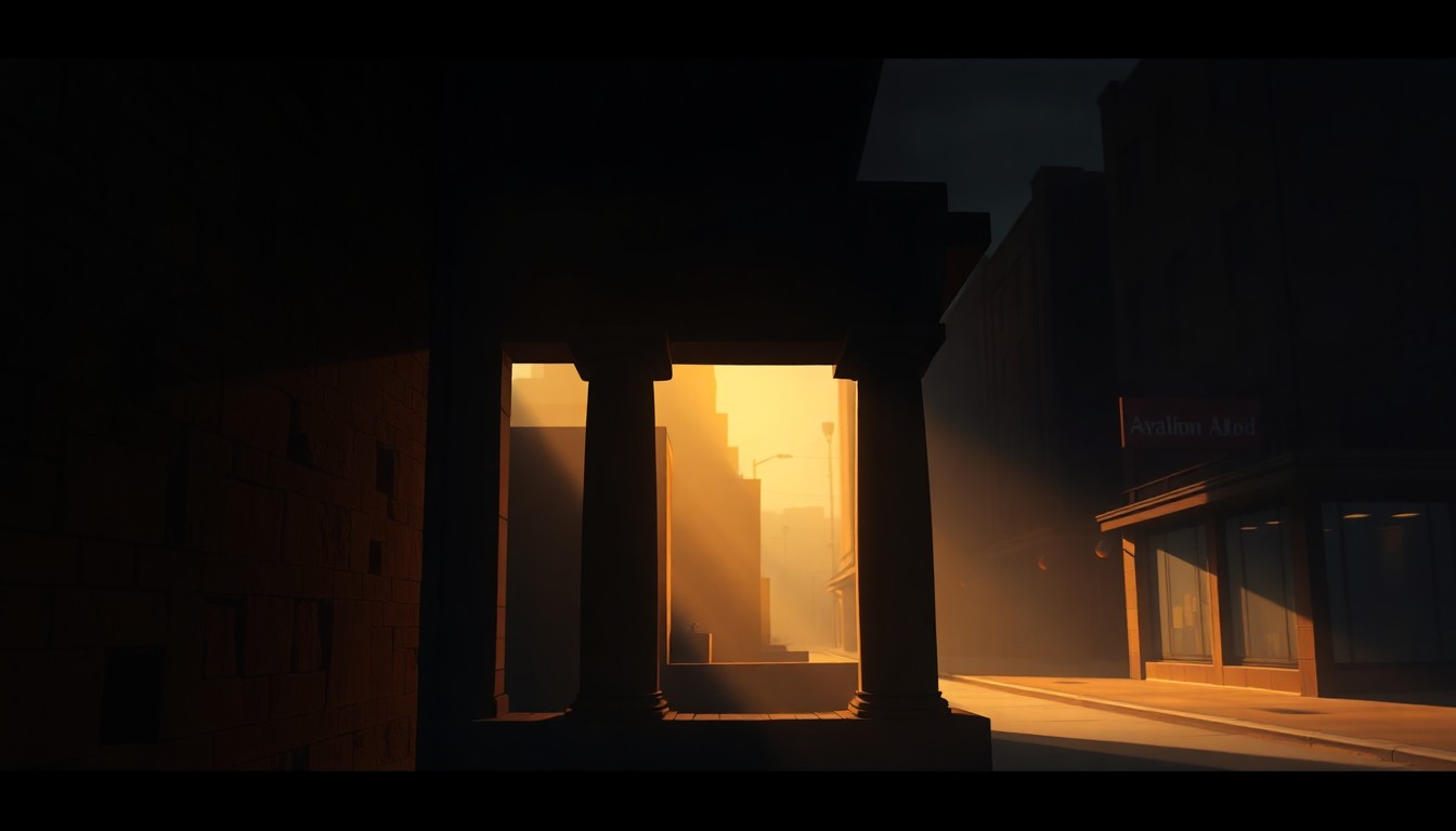 A photorealistic painting in the style of Edward Hopper, depicting a solitary Maya limestone lintel resting on a dimly lit urban street, bathed in warm diagonal sunlight and deep shadows, conceptually representing the artifact's contested origins and journey.