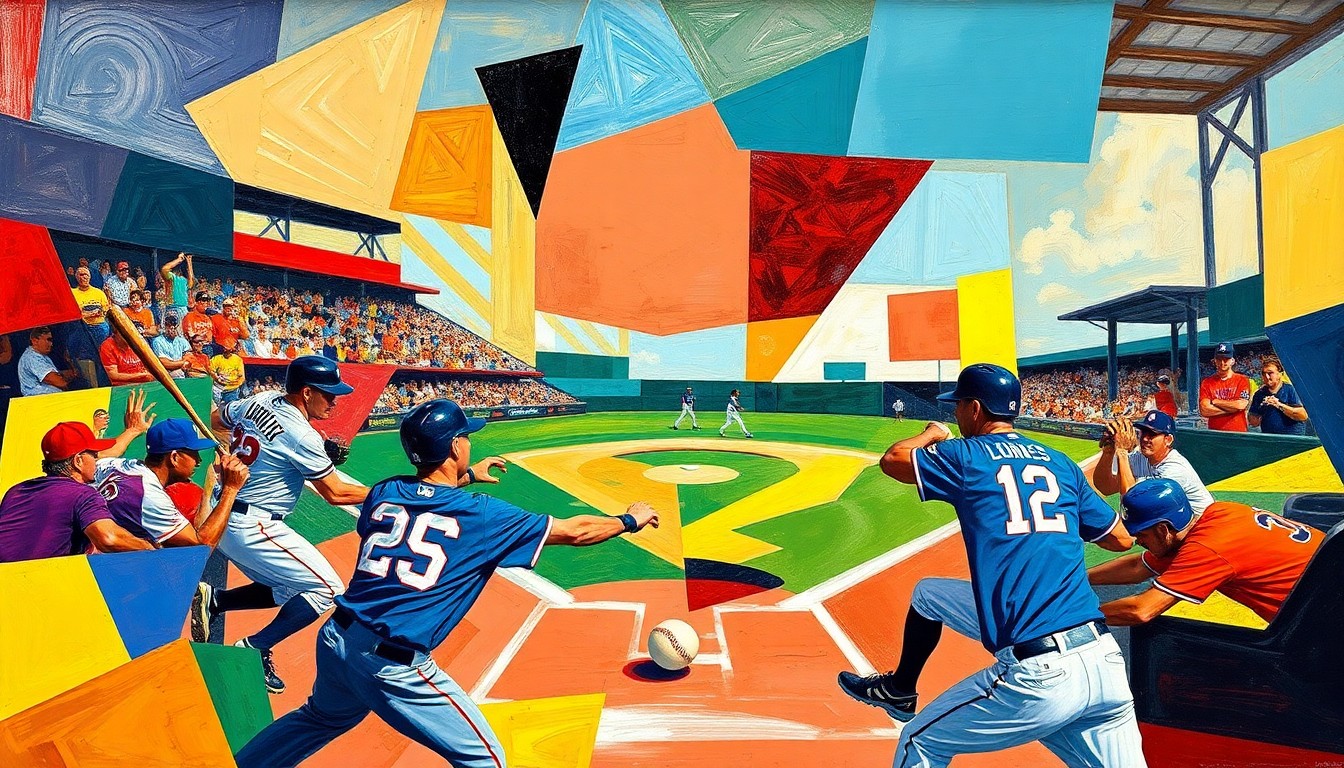 A cubist, geometric painting depicting a baseball game in motion, with the players, ball, and field broken down into sharp, overlapping planes of vibrant colors.