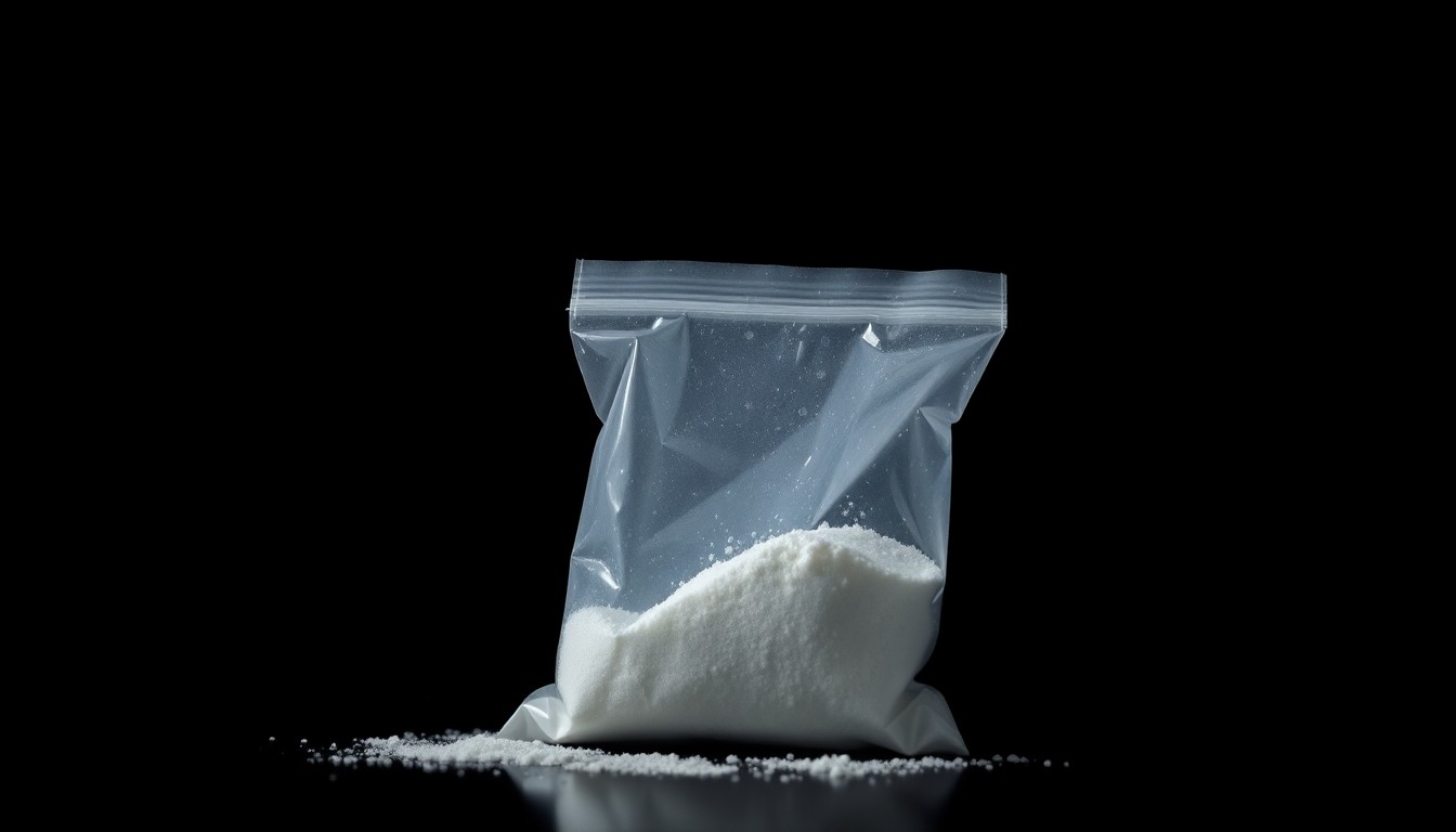 An extreme close-up of a small plastic bag containing a white powdery substance, dramatically lit by a harsh flash against a dark background, conceptually representing the seized drug evidence in this cartel-linked trafficking case.