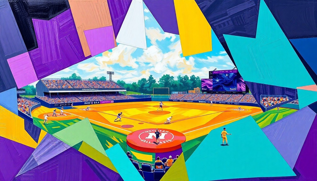 A cubist-style painting depicting a softball game broken down into overlapping geometric shapes and planes in shades of purple, teal, and gold, representing the Northwestern Wildcats' dominant performance against Michigan State.