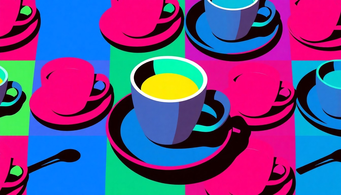 A brightly colored, high-contrast silkscreen print of a single, iconic restaurant object such as a coffee cup or plate repeated in a tight grid pattern, conceptually representing the sanitation issues found at multiple Fort Worth eateries during recent health inspections.