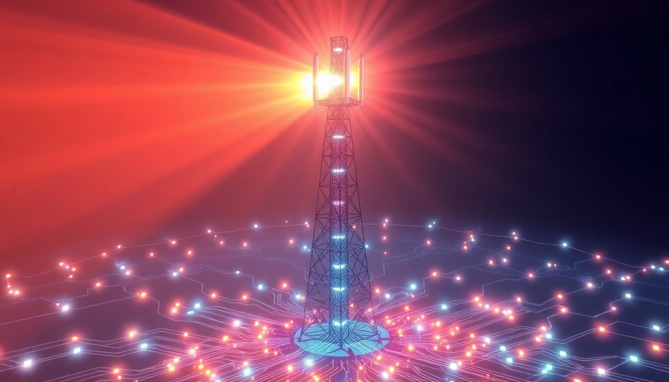 A highly detailed, glowing 3D illustration of a 5G cellular tower emitting a radiant beam of light, surrounded by a network of illuminated cables and circuits, conceptually representing the powerful broadcast capabilities and interconnected infrastructure of 5G technology.