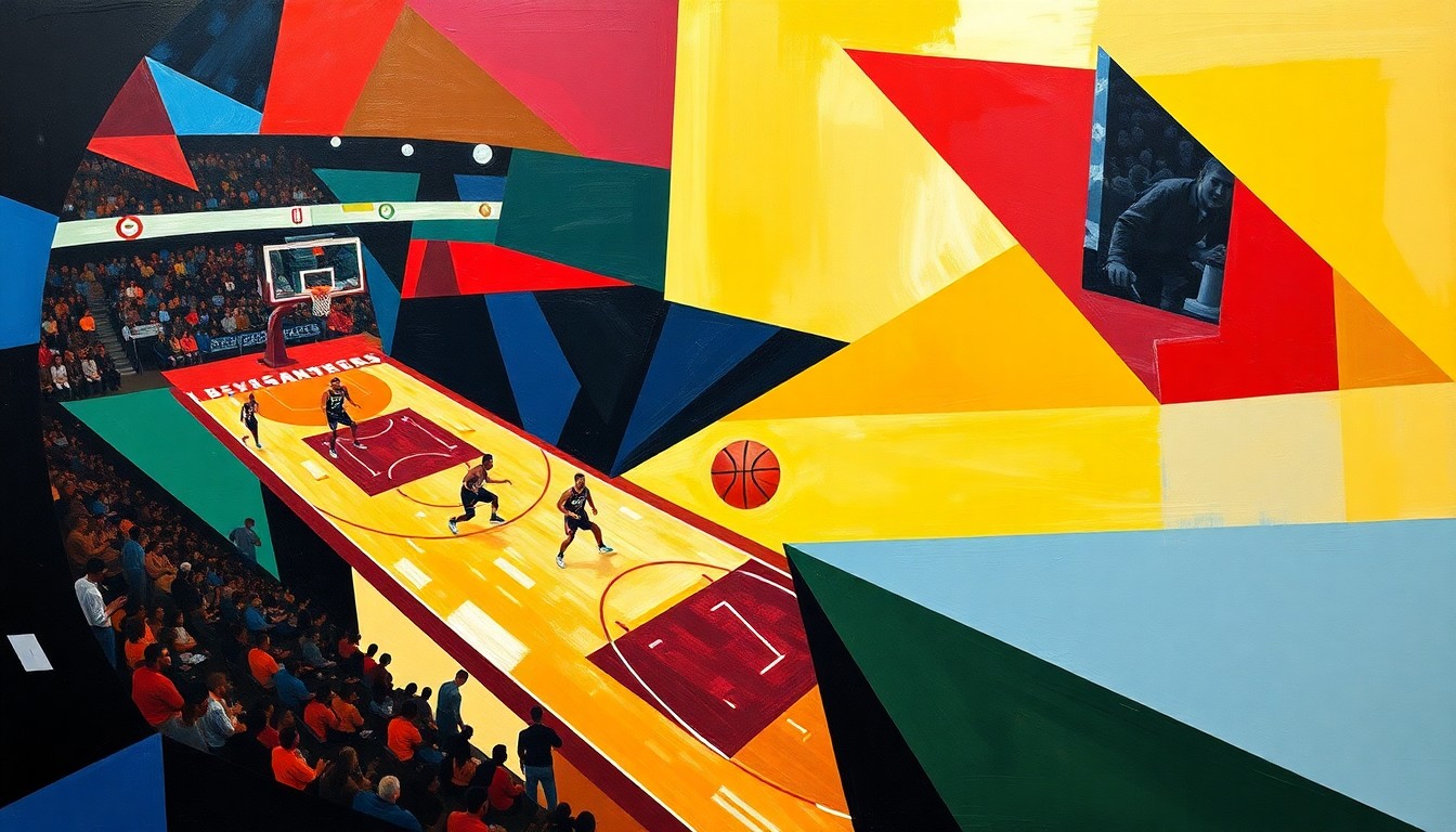 A cubist, geometric painting depicting a basketball game, with overlapping planes of orange, red, and blue representing the players and action on the court.