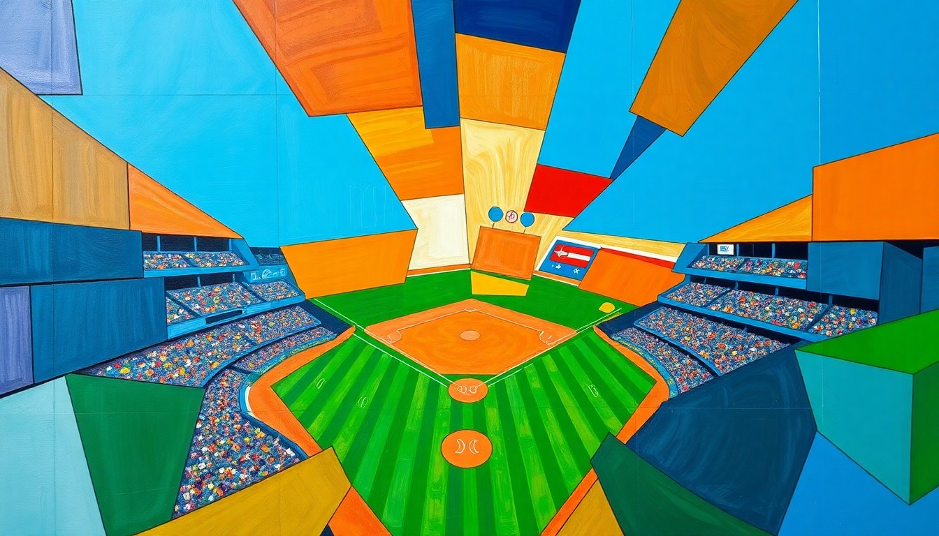 A fragmented, geometric painting depicting the climactic action of a baseball game, with sharp planes of color representing the players, field, and crowd.