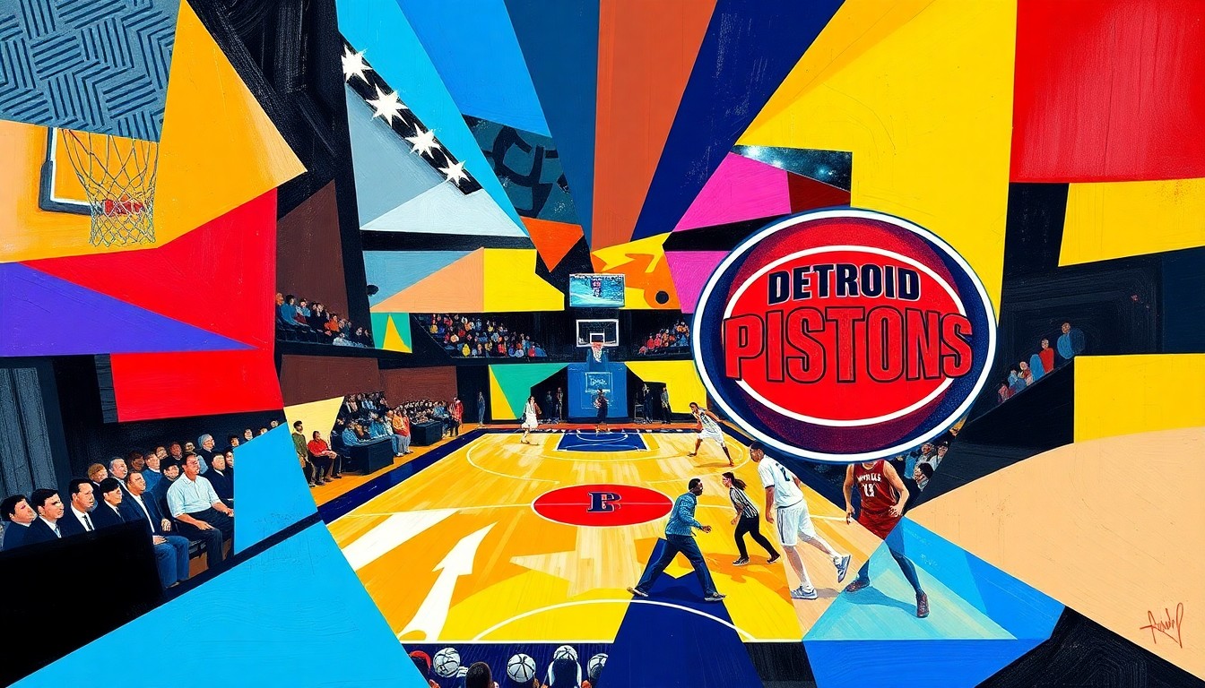 A fractured, multi-perspective painting depicting the action and energy of a basketball game between two teams, with sharp geometric shapes and planes in vibrant colors representing the teams' official palettes.