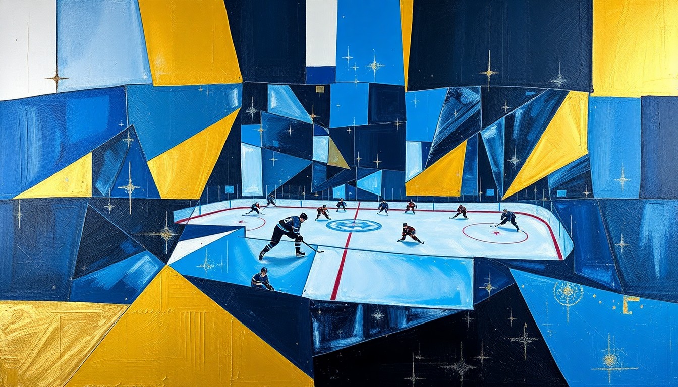 A cubist, geometric painting depicting a hockey game, with overlapping planes of blue, gold, and black representing the dynamic action on the ice.