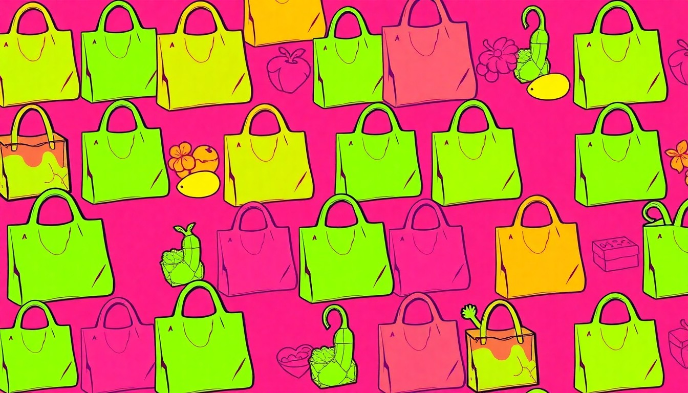 A brightly colored, high-contrast silkscreen print of a reusable grocery bag repeated in a tight grid pattern, conceptually representing the iconic status and community-driven values of a local natural foods cooperative.