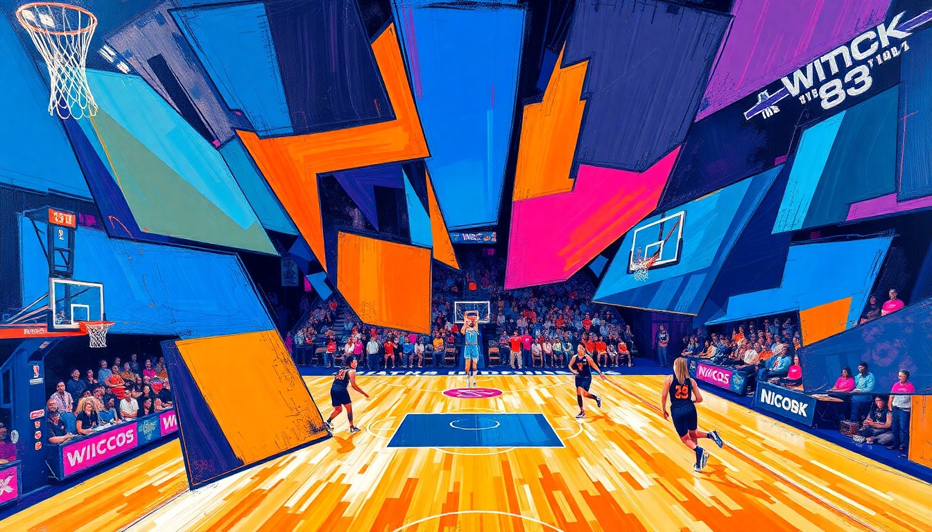 A fractured, geometric painting depicting a WNBA basketball game or match, with sharp, overlapping planes of vibrant colors representing the fast-paced action on the court.