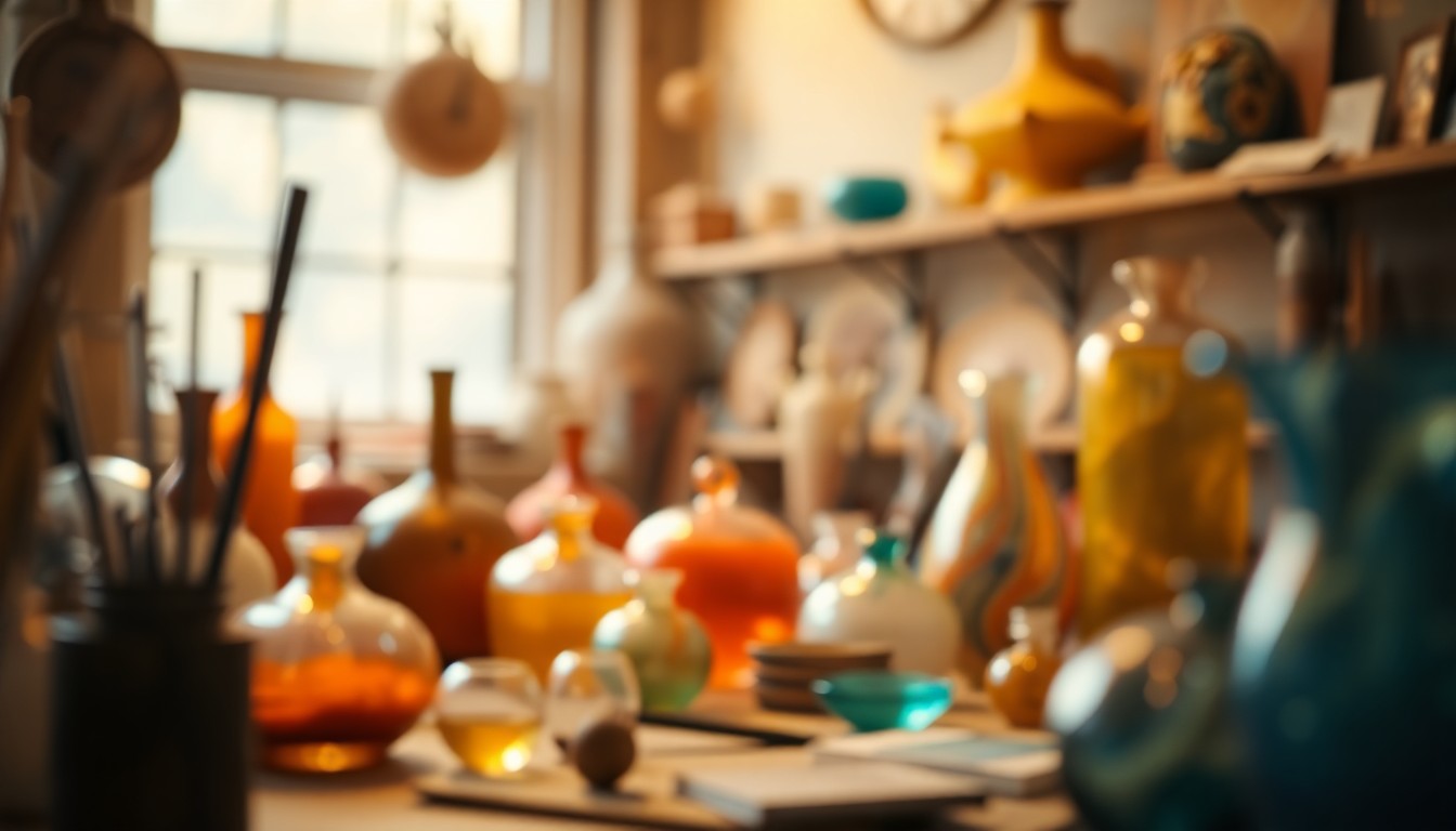 An extremely abstracted, out-of-focus photograph in soft, warm tones depicting a blurred, dreamlike scene of glass art objects and tools, conveying the hazy, textured atmosphere of an artistic community event.