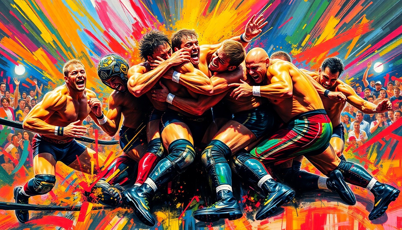 An abstract, expressionist painting featuring bold, neon-colored brushstrokes that capture the chaotic energy and movement of professional wrestlers engaged in a wild dog pile scene.