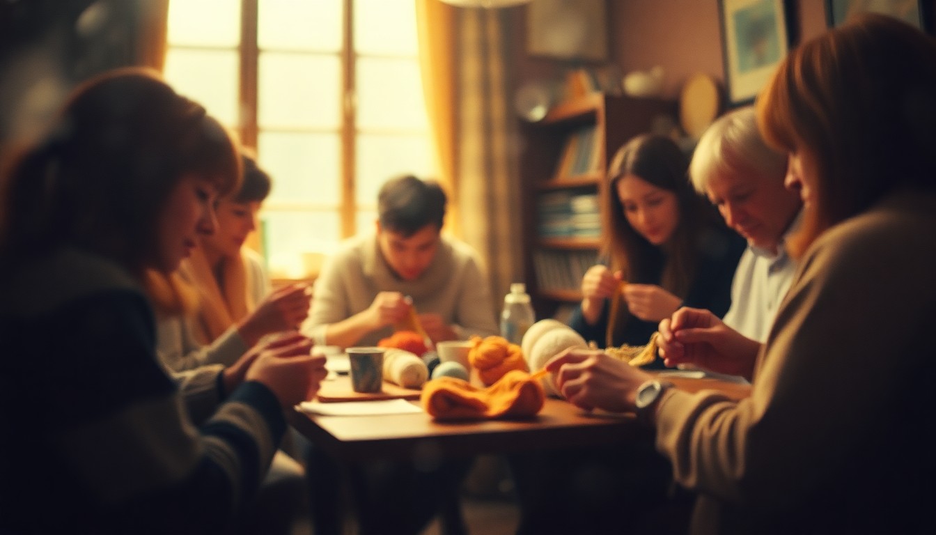 An extremely abstracted, out-of-focus indoor scene featuring a group of people gathered around a table, their hands engaged in the tactile process of knitting and crocheting, with soft pools of warm, muted color and light, conceptually representing a community of fiber artists coming together.