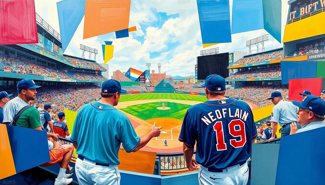 A cubist, geometric illustration depicting a baseball game in motion, with overlapping planes of color representing the Durham Bulls and Norfolk Tides uniforms.