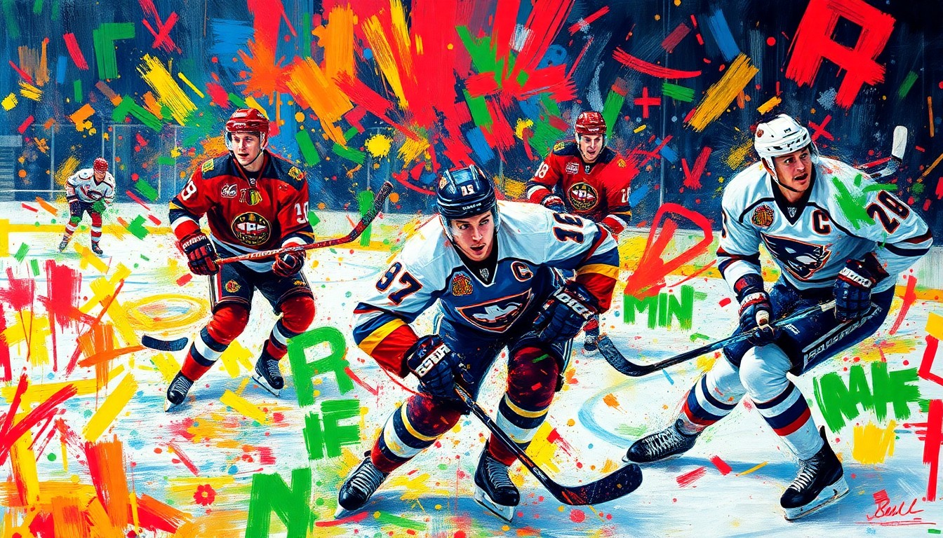 An abstract, expressionist painting in vibrant neon colors depicting the intense action and physicality of a professional hockey playoff game, with players' forms and movements blending together in a dynamic, energetic composition.