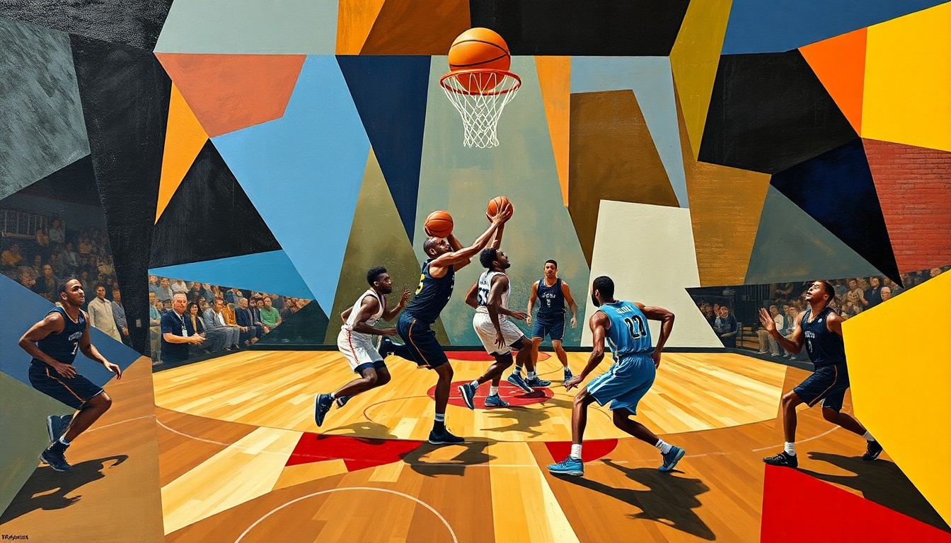 A cubist, geometric painting depicting the dynamic motion and energy of a basketball game, with the players' forms abstracted into sharp, overlapping shapes and planes.