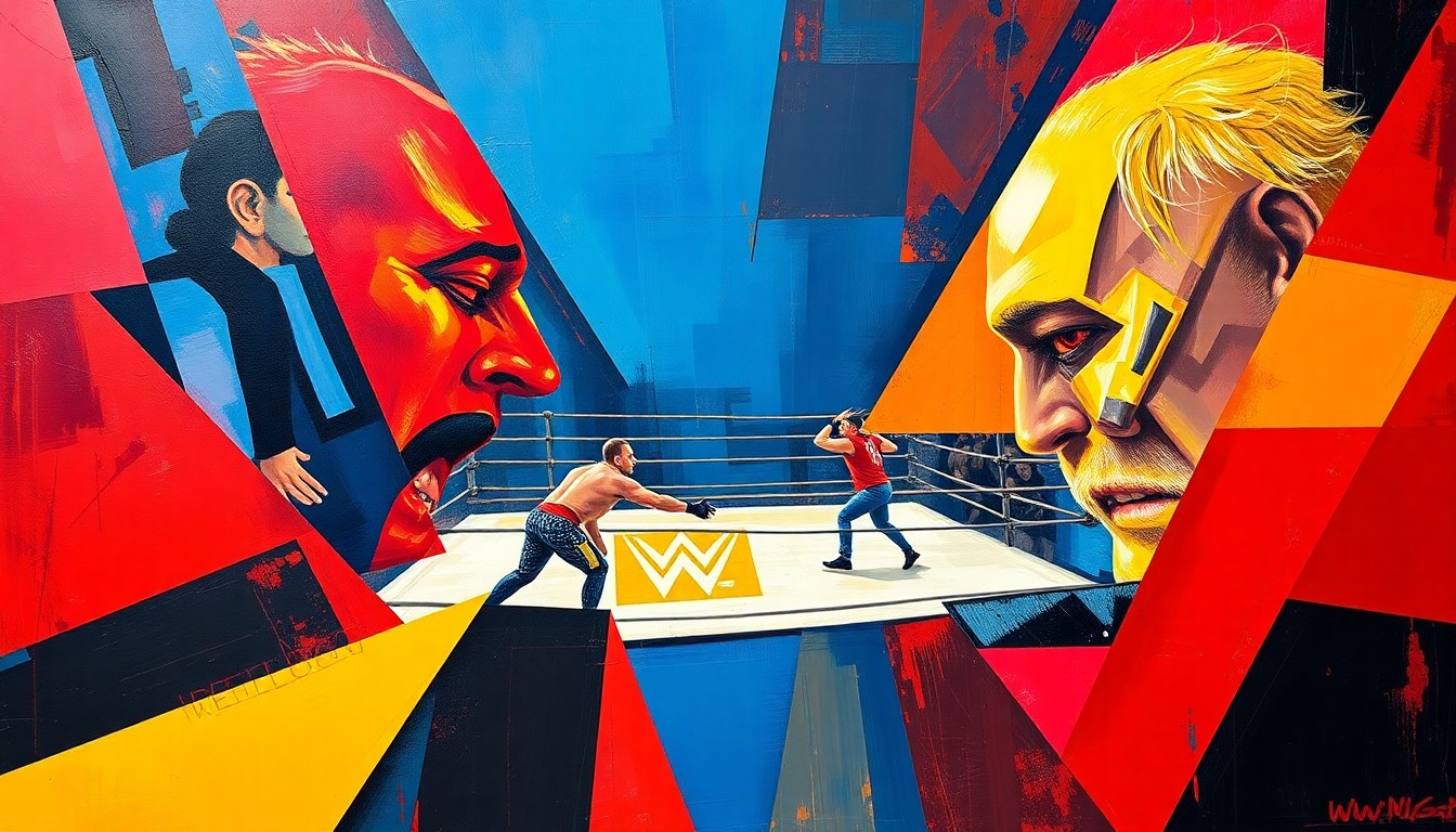 A fragmented, geometric painting depicting the dynamic action of a WWE wrestling match, with overlapping planes of color and shape representing the intensity of the competition.
