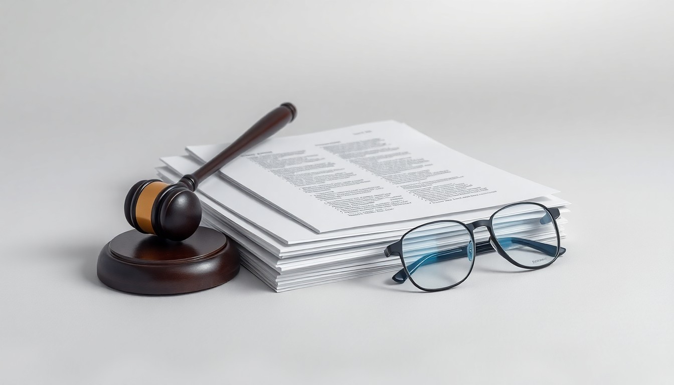 A minimalist, photorealistic studio still-life featuring a stack of legal documents, a gavel, and a pair of glasses arranged on a clean, monochromatic background, symbolizing the abstract concepts of corporate strategy, finance, and the legal system.