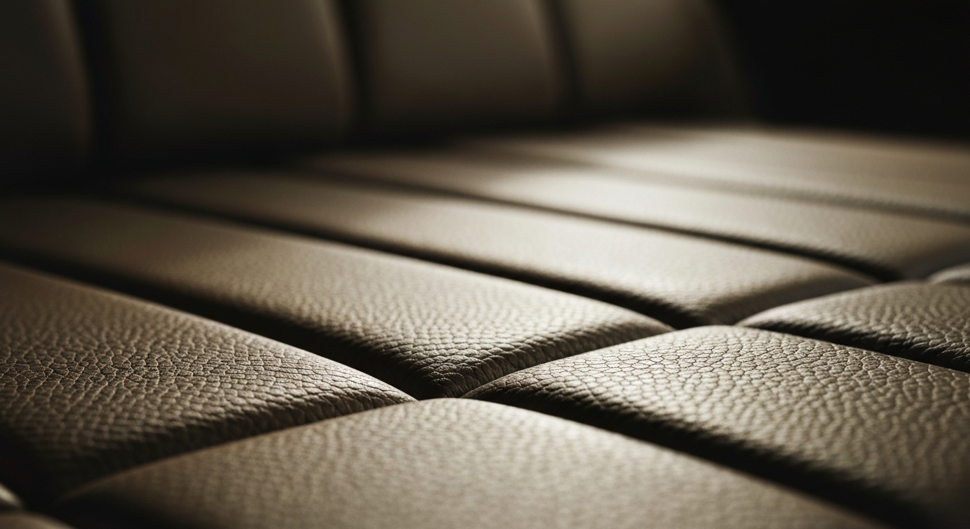 An extreme close-up of a pebbled leather car seat texture, showcasing the rich colors and patterns that make up the raw materials of the automotive industry.