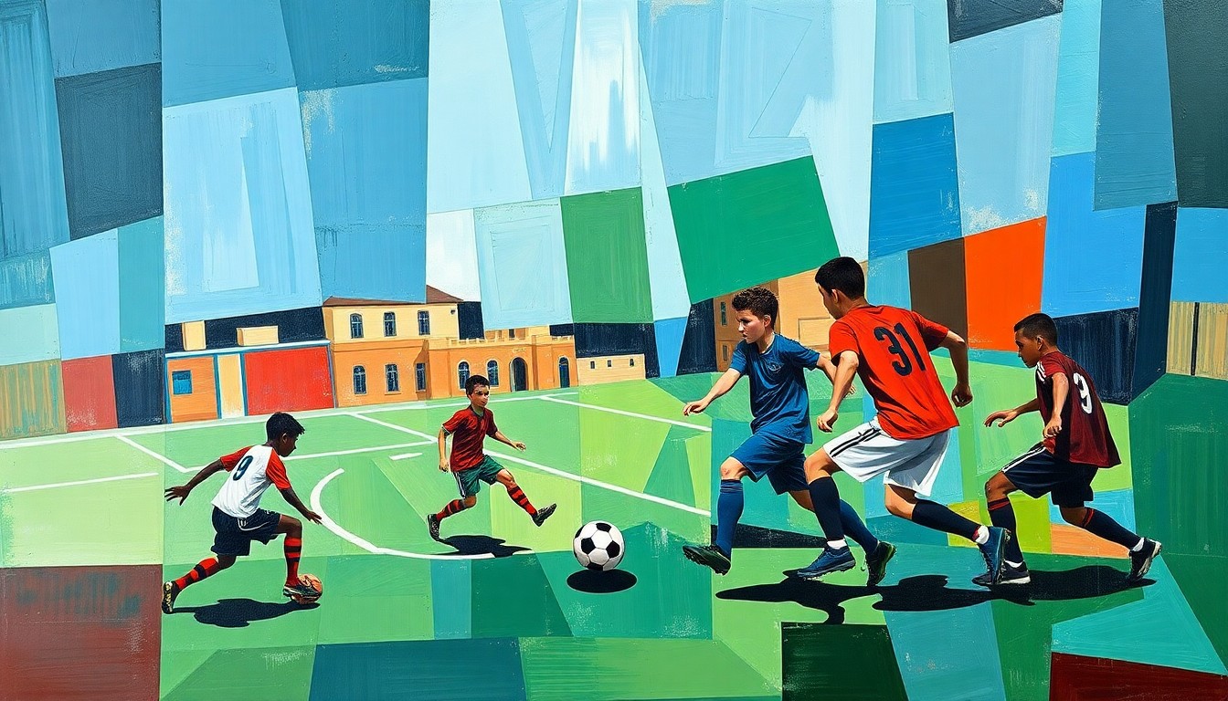 A fragmented, geometric painting in bold colors depicting the dynamic movements and competing perspectives of a soccer game.