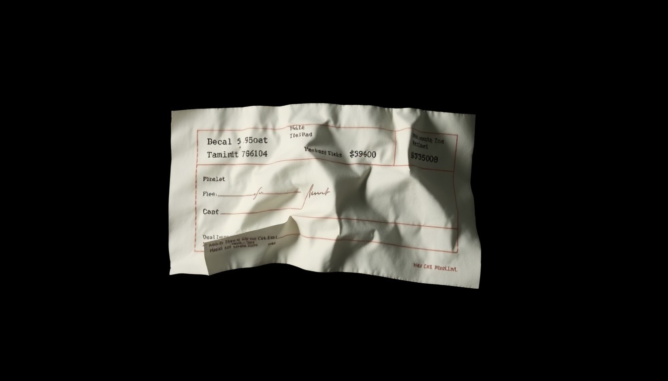 An extreme close-up photograph of a crumpled financial document reflecting a harsh, direct camera flash, conceptually representing the state's efforts to recover unpaid restitution owed to crime victims.