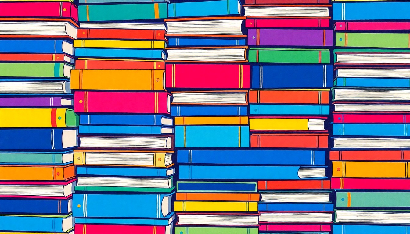 A bold, colorful silkscreen print featuring a grid of stylized textbooks in a variety of bright hues, representing the breadth of educational opportunities available in the highly-ranked University Place School District.