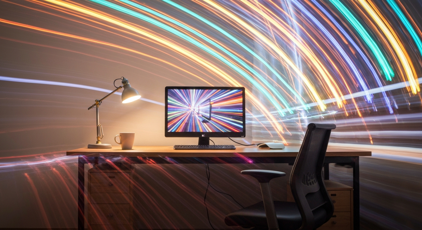An abstract, blurred image of a remote worker's desk setup, with vibrant streaks of color and motion conveying the dynamic and sometimes chaotic nature of working from home.