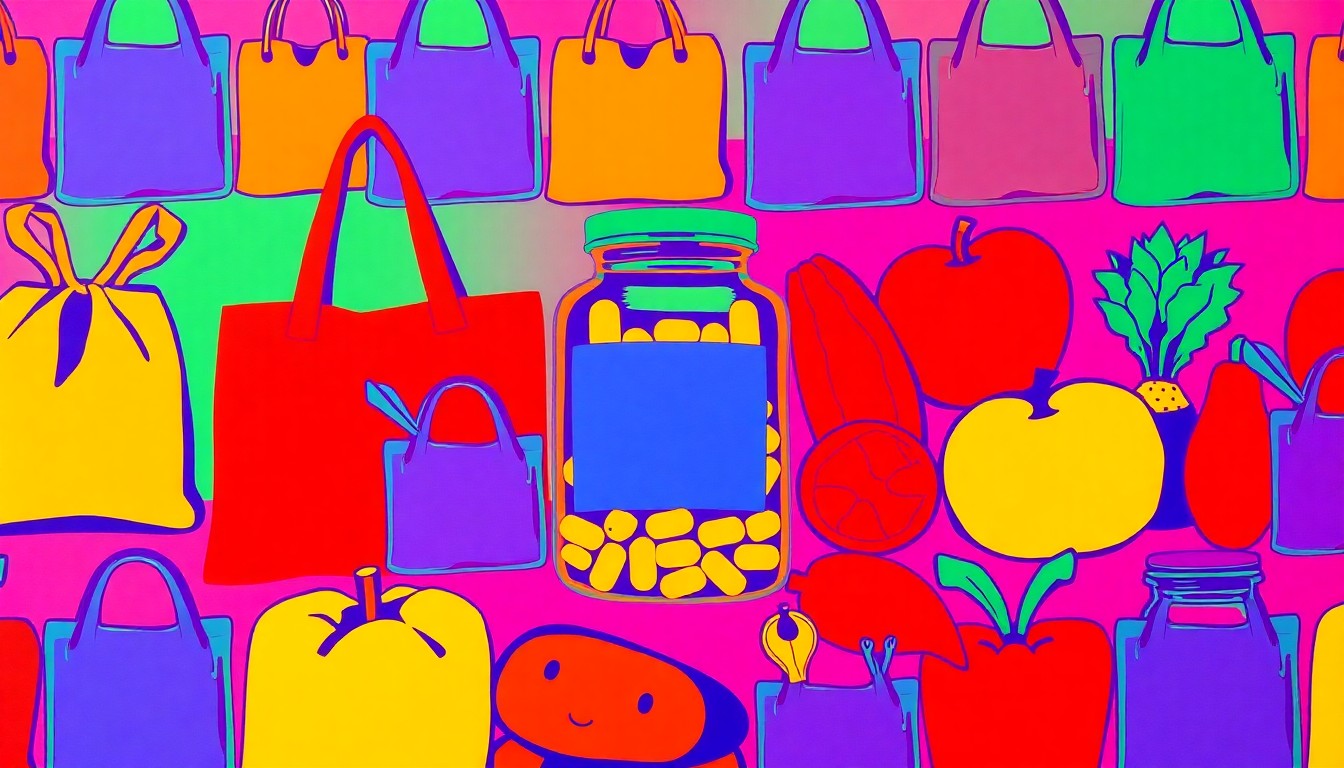 A brightly colored, high-contrast silkscreen print of a reusable grocery bag repeated in a tight grid pattern, conceptually representing the iconic products and consumer habits of a community-focused natural foods co-op.