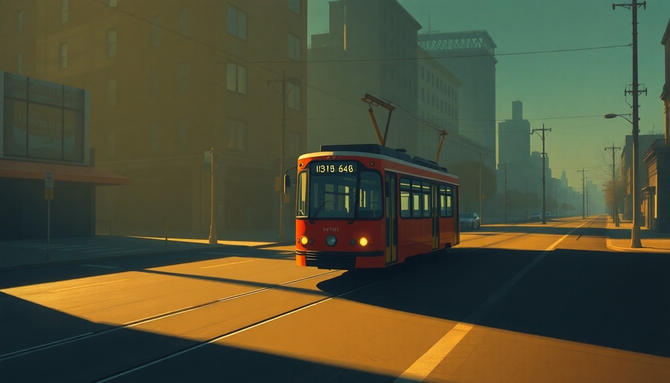 A serene, cinematic painting of a lone light rail car on a deserted urban street, with warm sunlight casting deep shadows across the scene, capturing the quiet tension and high stakes of the Ballard light rail debate.