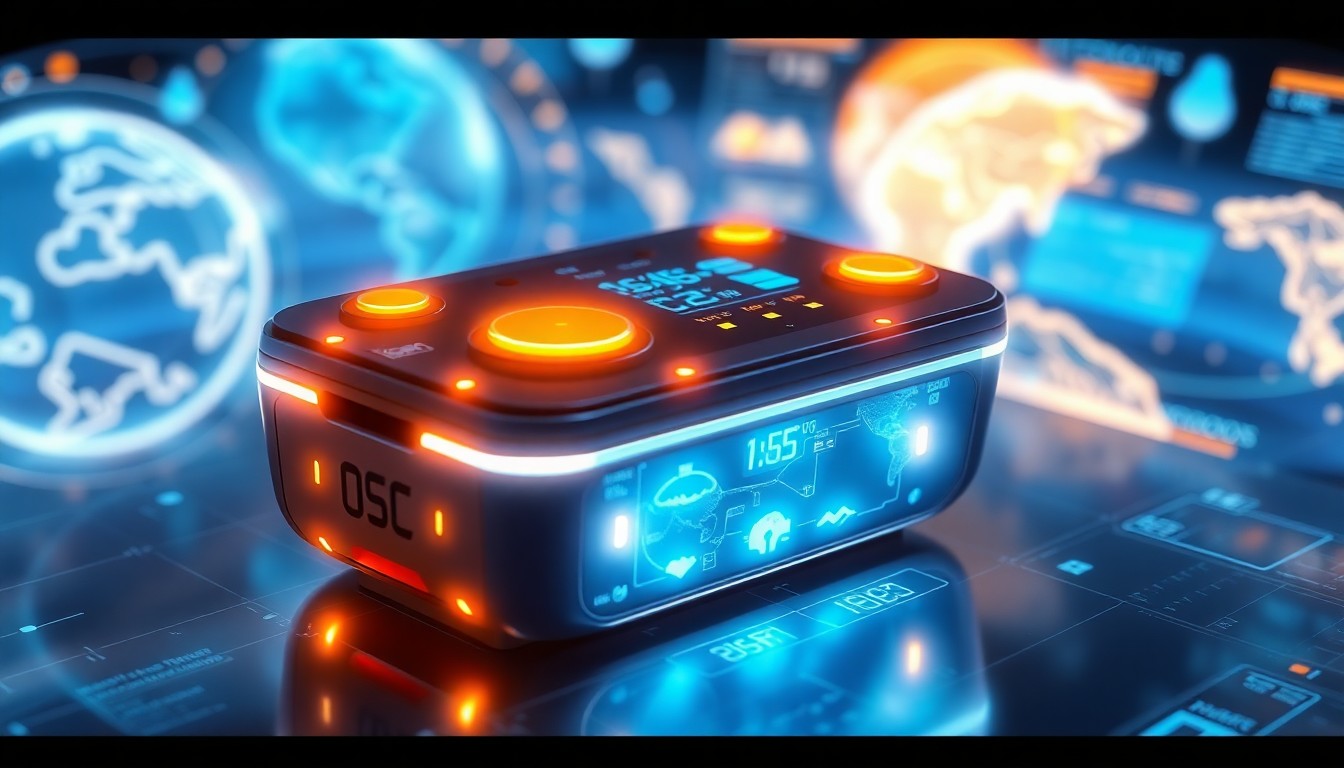 A highly detailed, glowing 3D illustration of a sleek, futuristic weather monitoring device surrounded by swirling digital weather patterns and data visualizations, conceptually representing the device's ability to capture and analyze hyperlocal environmental conditions.