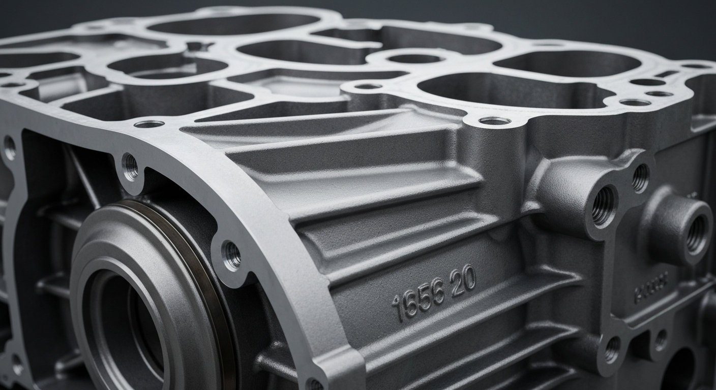 An extreme close-up image of the textured surface of a car's engine block, with dramatic lighting highlighting the intricate details and raw materials of the engine's construction.