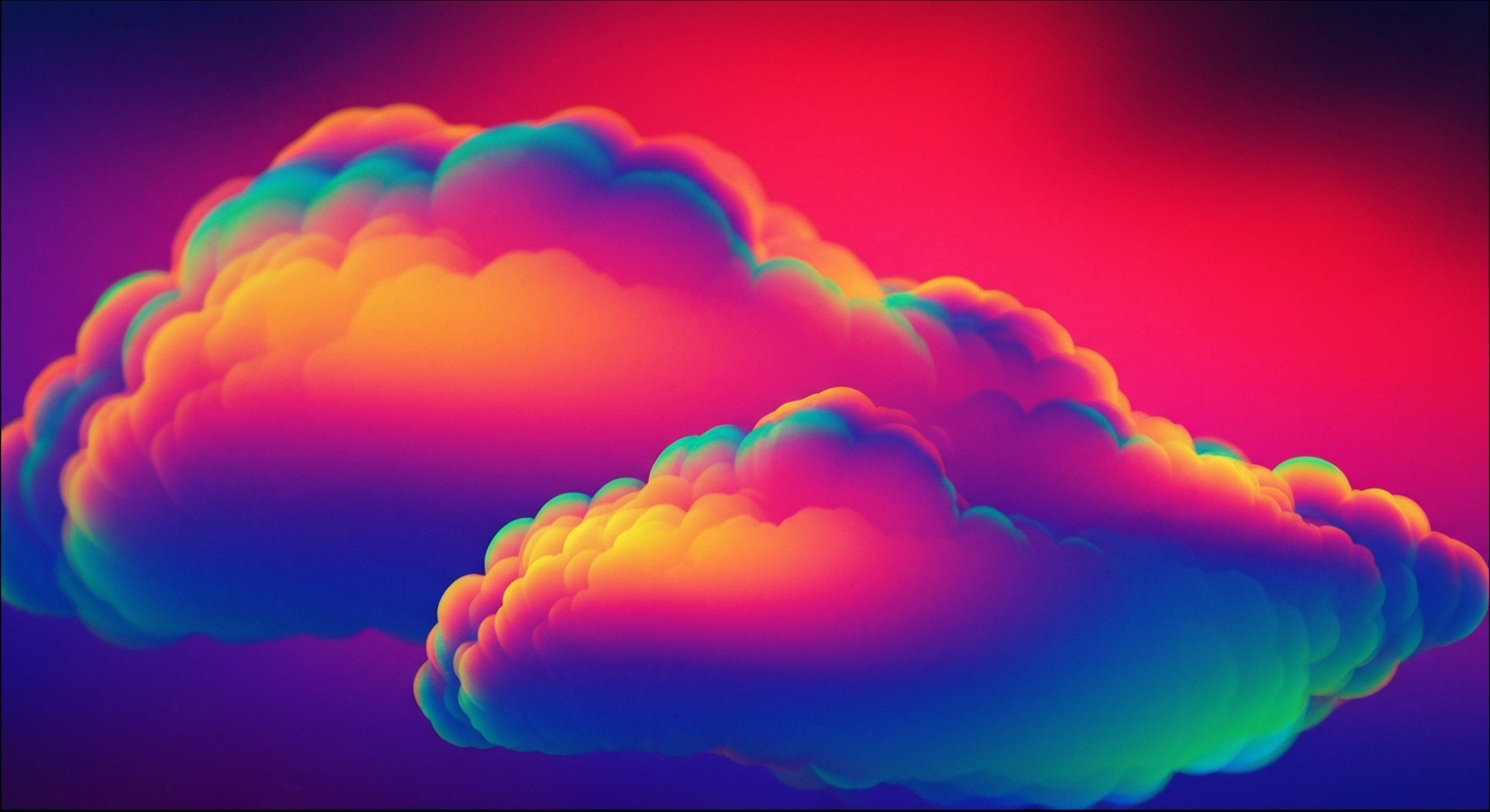 An abstract, colorful composition of sweeping brushstrokes in shades of blue, green, and purple, conceptually representing the dynamic, ever-evolving nature of cloud computing technology.