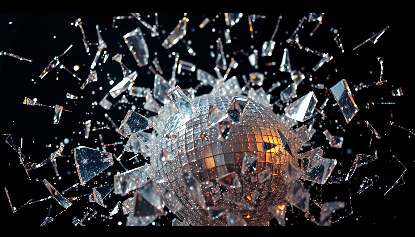 An extreme close-up of shattered, glittering glass reflecting dramatic studio lighting, conceptually representing the materialistic and cutthroat nature of the characters' pursuit of money and power.