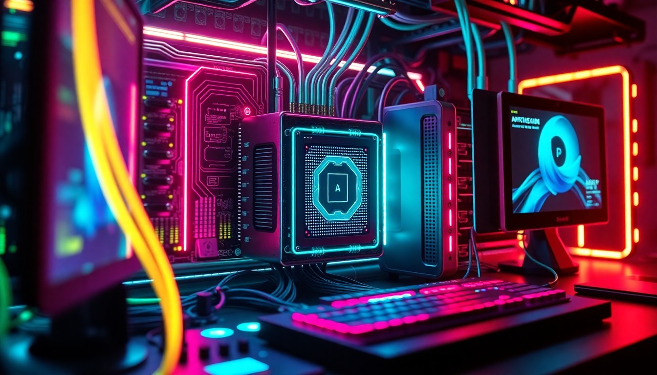 A highly detailed, glowing 3D illustration of a futuristic video editing workstation, with illuminated circuit boards, data cables, and a central processing unit pulsing with neon lights, conceptually representing the advanced technology and AI-assisted capabilities powering professional-grade creative workflows.