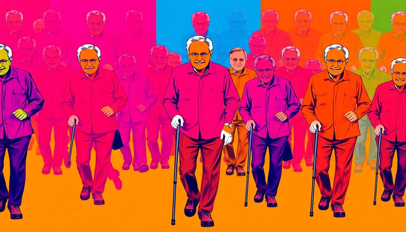 A vibrant, high-contrast silkscreen illustration depicting an older adult walking with a cane, repeated in a grid pattern to create a pop art-inspired scene celebrating the Canton Senior Expo.