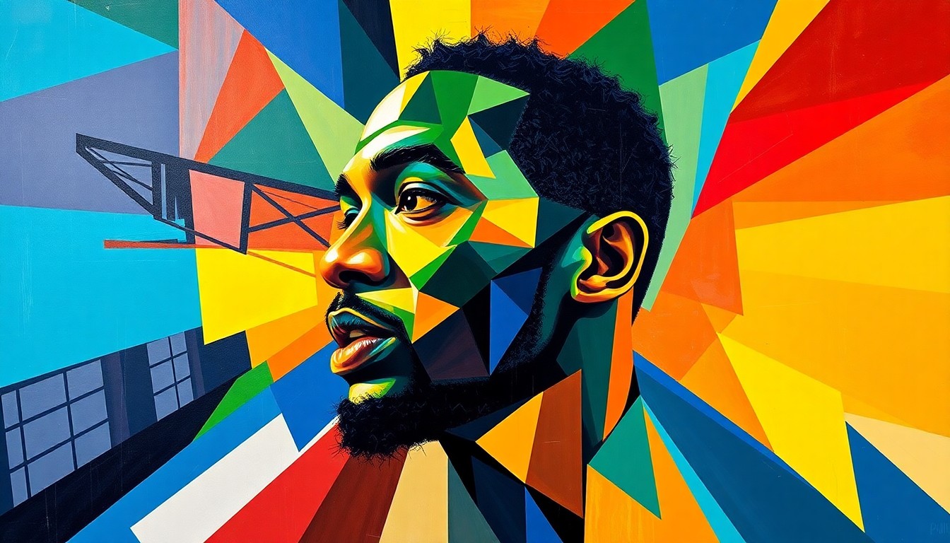 A cubist-style painting featuring fragmented, geometric shapes in bright colors that capture the energy and movement of Victor Wembanyama's dominant performance in the Spurs' playoff game.