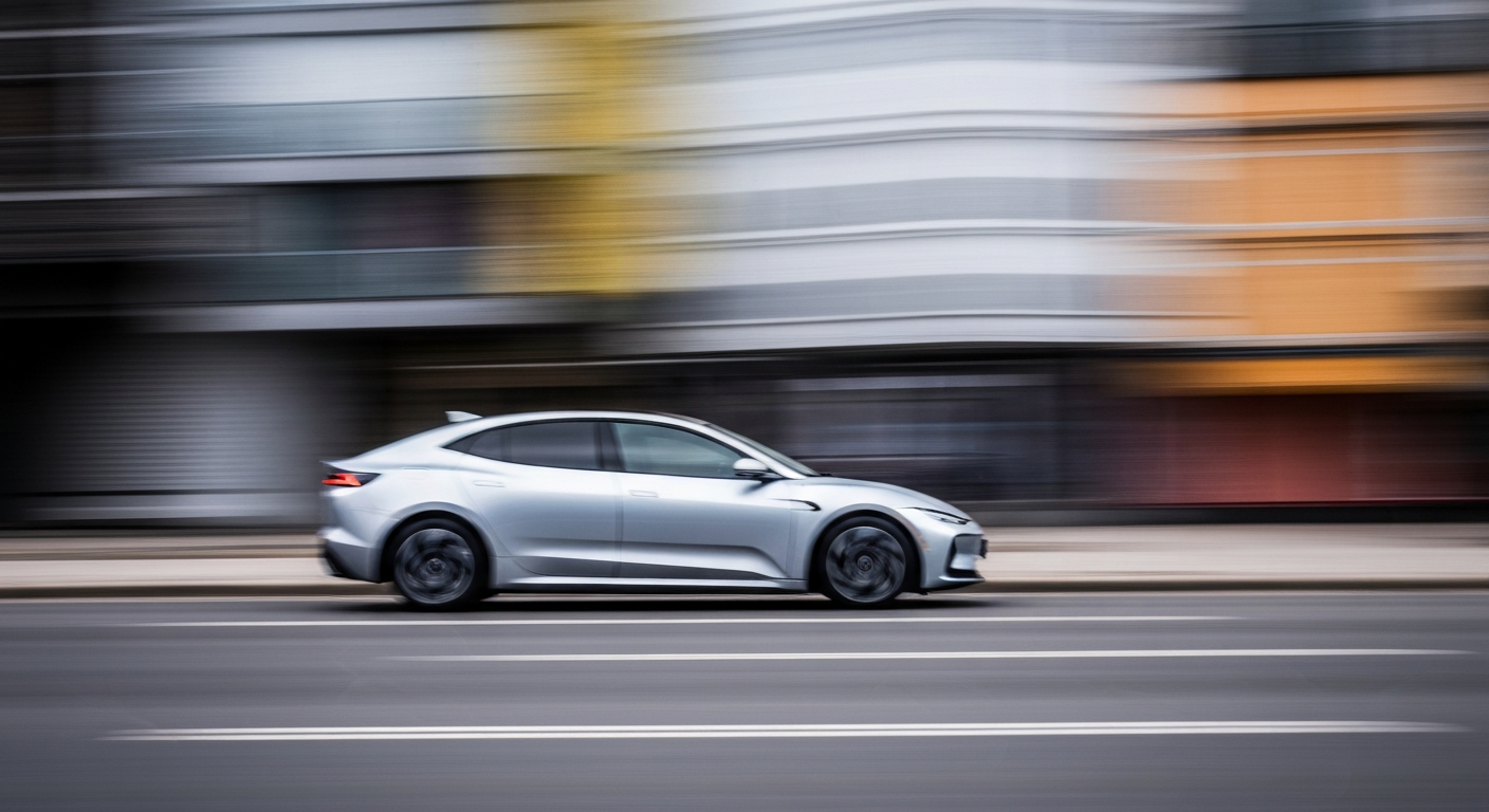A blurred, abstract image of an electric vehicle in motion, with streaks of vibrant color and a sense of speed and energy conveyed through the dynamic camera movement.