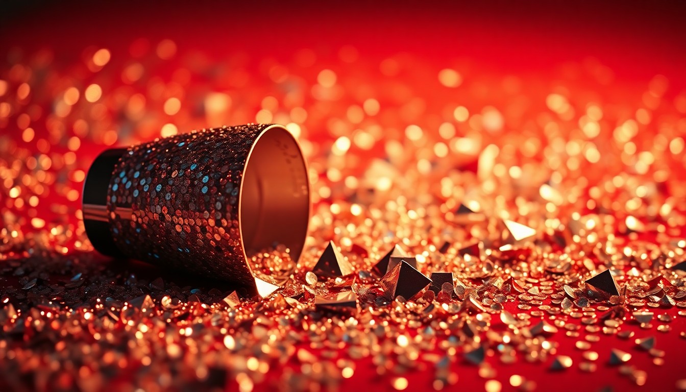 An extreme close-up of shimmering, textured sequins and shards of reflective glass, creating a visually striking and conceptual representation of the upcoming film's glamorous and high-energy aesthetic.