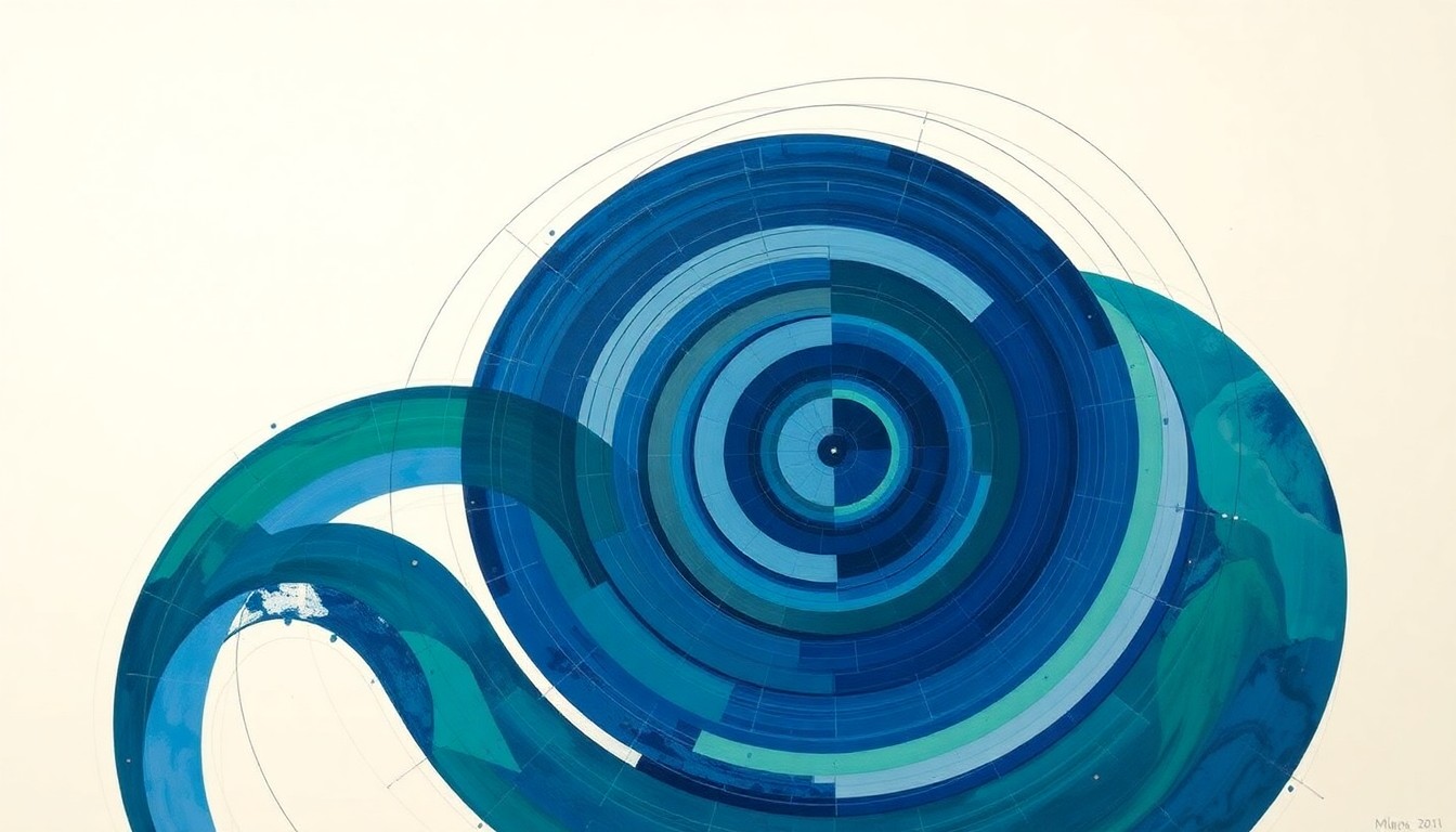 A highly structured abstract painting in bold, vibrant colors featuring sweeping geometric arcs, concentric circles, and precise spirals, conceptually representing the complex algorithms and data structures underlying Delphi programming.