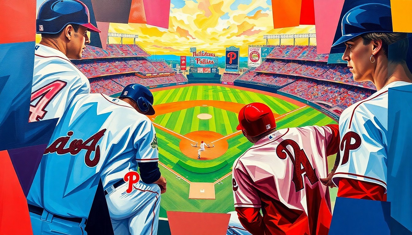 A cubist, geometric painting depicting a baseball game in progress, with sharp, overlapping planes of color representing the players and field of play. The vibrant hues of the Braves and Phillies uniforms are the dominant visual elements.