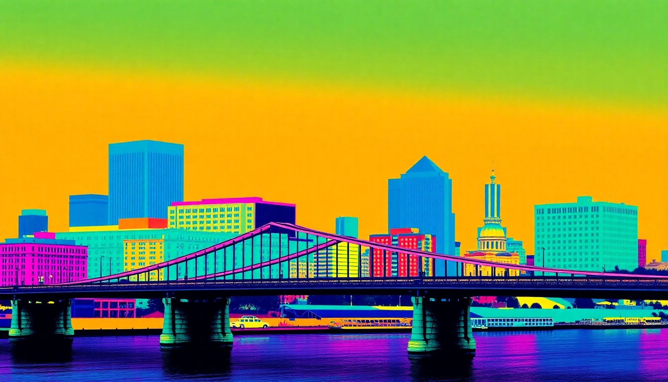 A brightly colored, high-contrast silkscreen print of the iconic Roebling Suspension Bridge in downtown Cincinnati, repeated in a tight grid pattern and rendered in a bold, neon color palette to capture the energy and vibrancy of the city's riverfront redevelopment.