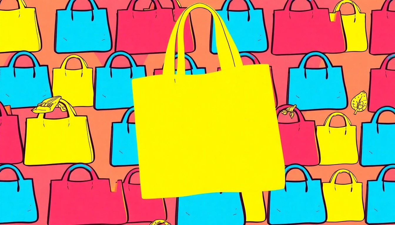 A brightly colored, high-contrast silkscreen print of a reusable grocery bag, repeated in a tight grid pattern in the style of Andy Warhol, conceptually representing the joyful energy of a community festival.