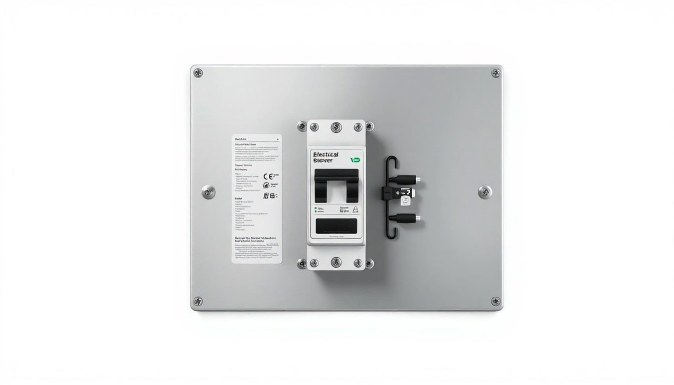 A photorealistic studio still-life photograph of a polished, chrome electrical panel with a modern circuit breaker, floating on a clean, white background to represent the safe, efficient electrical upgrades Vetcon Electricians provides to historic Gainesville homes.