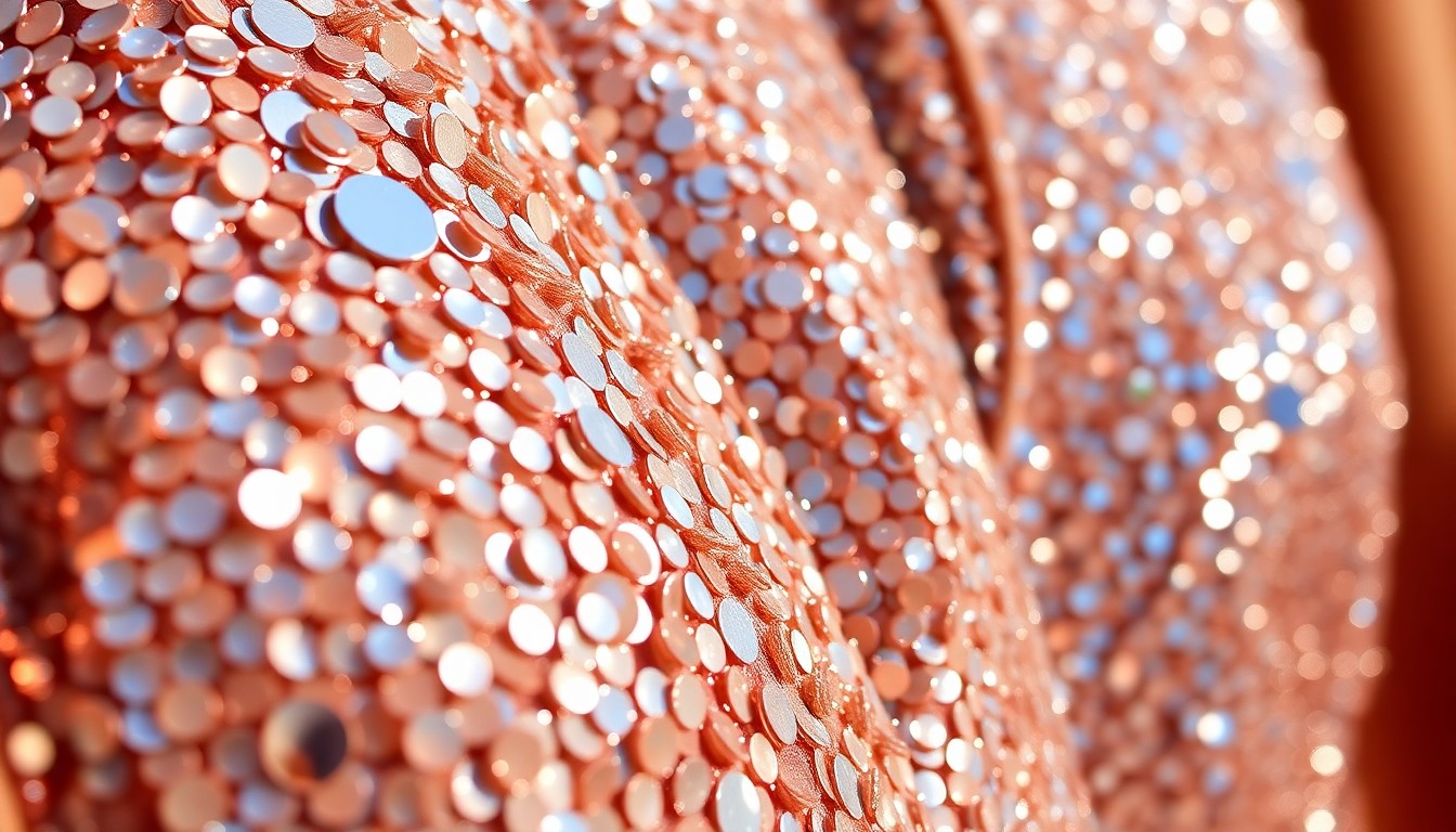 An abstract close-up image featuring a dramatic, high-contrast composition of shimmering sequins and metallic textures, evoking the glamour and luxury of a Coachella fashion event.